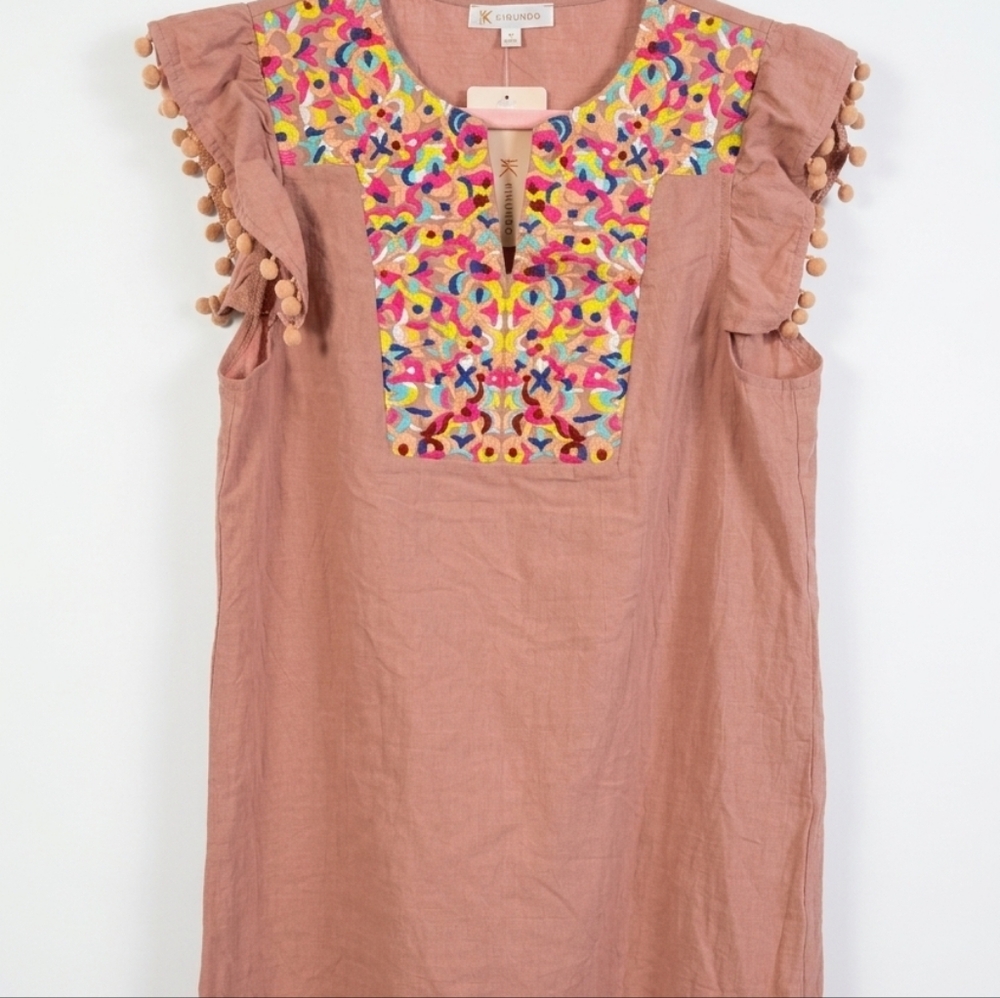 Kirundo Chic Embroidered Boho Midi Dress in Pink Peach Sz Medium New